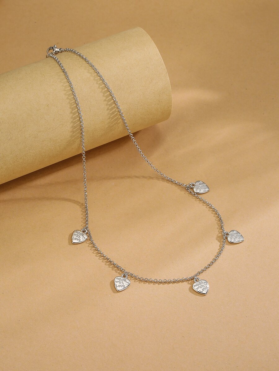 Letter Detail Heart Charm Necklace - Silver - View 1