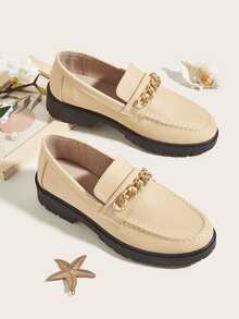 Chain Decor Flat Loafers - Apricot - View 1