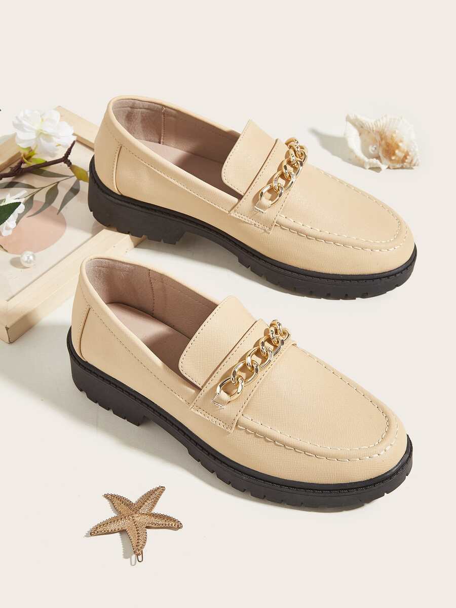 Chain Decor Flat Loafers - Apricot - View 1