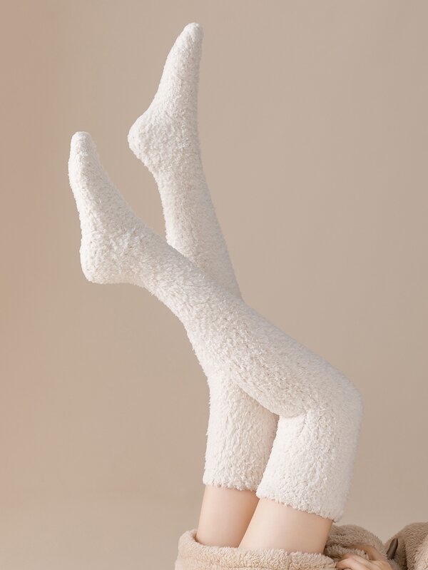 1pair Ladies' Coral Fleece Striped Over Knee High Socks For Cold