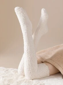 1pair Ladies' Coral Fleece Striped Over Knee High Socks For Cold Weather - White - View 3