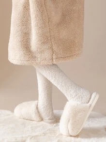 1pair Ladies' Coral Fleece Striped Over Knee High Socks For Cold Weather - White - View 5