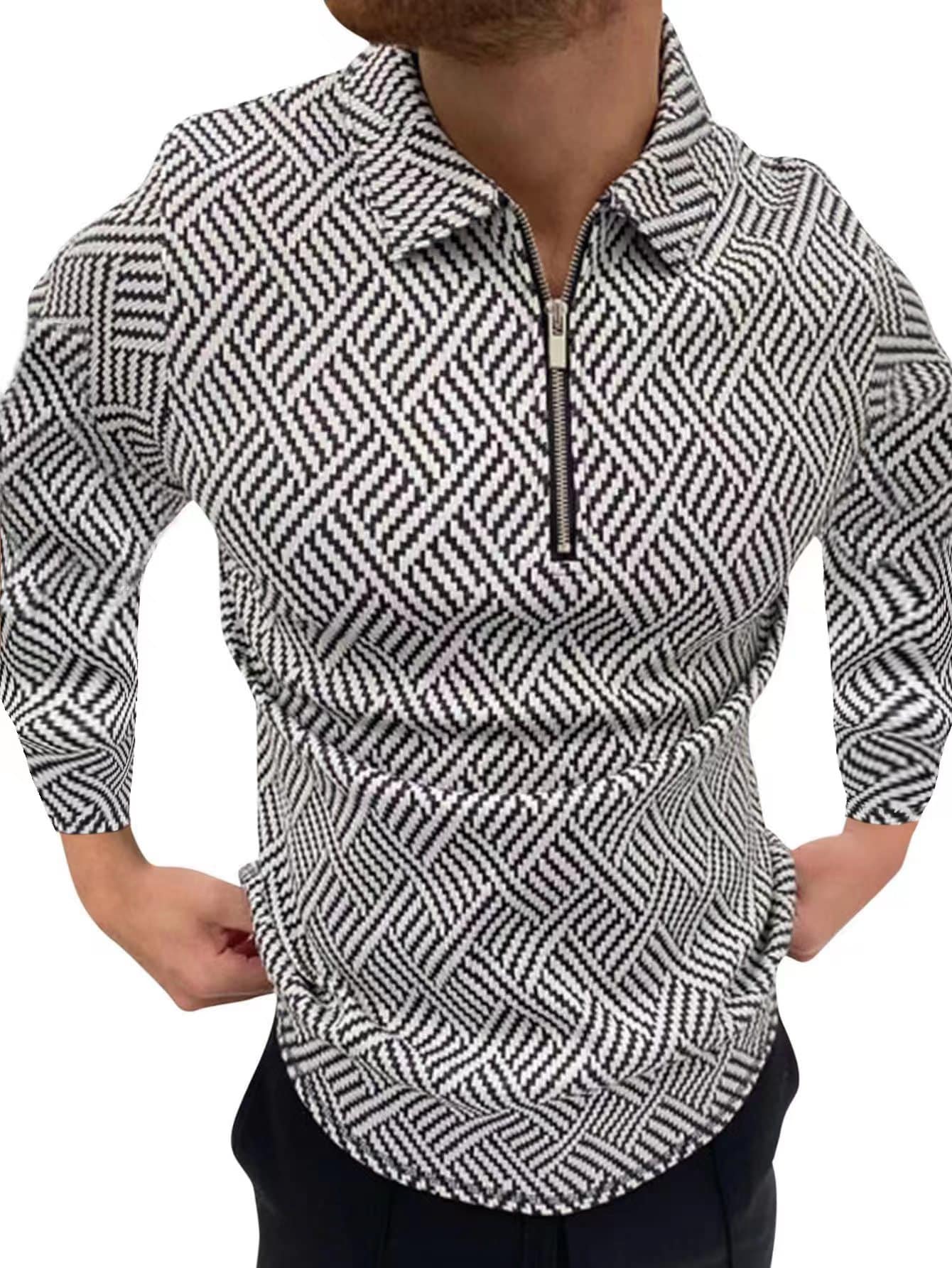 Manfinity 男士滿版印花半拉鏈POLO衫 - 黑與白 - 查看 1