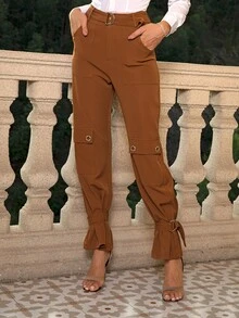 Joyfunear Flap Pocket Buckle Belted Trousers - Brown - View 5