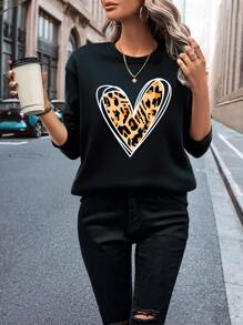SHEIN LUNE Heart And Leopard Print Thermal Lined Sweatshirt - Black - View 1