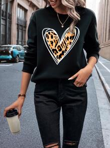 SHEIN LUNE Heart And Leopard Print Thermal Lined Sweatshirt - Black - View 4