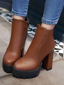 Minimalist Side Zipper Platform Boots - Brown - View 3