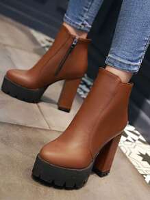 Minimalist Side Zipper Platform Boots - Brown - View 4
