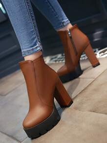 Minimalist Side Zipper Platform Boots - Brown - View 5