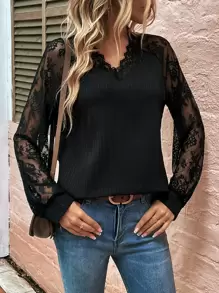 SHEIN LUNE Contrast Lace Lantern Sleeve Blouse - Black - View 1
