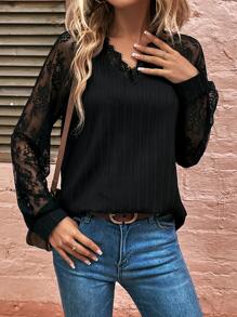 SHEIN LUNE Contrast Lace Lantern Sleeve Blouse - Black - View 3
