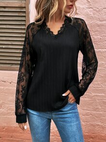 SHEIN LUNE Contrast Lace Lantern Sleeve Blouse - Black - View 6