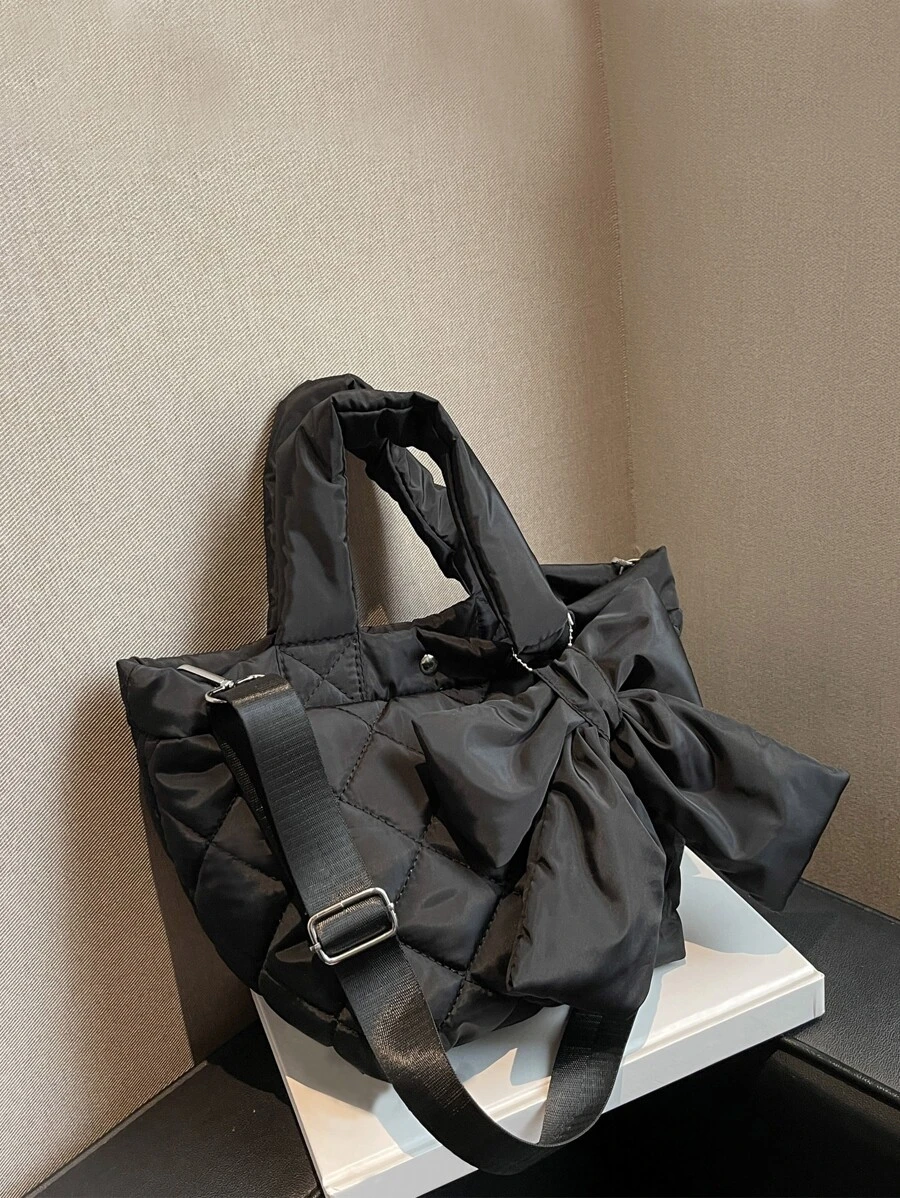 Quilted Pattern Shoulder Tote Bag With Coin Purse - Black - View 1