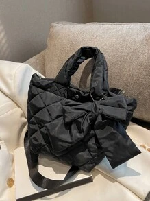 Quilted Pattern Shoulder Tote Bag With Coin Purse - Black - View 6