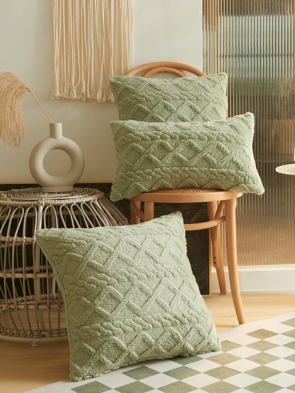 1pc Fluffy Cushion Cover Without Filler, Green Throw Pillowcase For Sofa, Home Decor