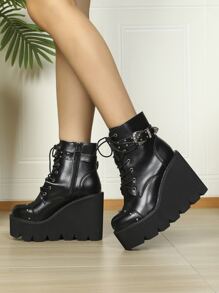 Buckle Decor Lace-up Front Zipper Side Wedge Boots - Black - View 2