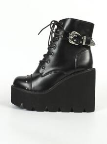 Buckle Decor Lace-up Front Zipper Side Wedge Boots - Black - View 5