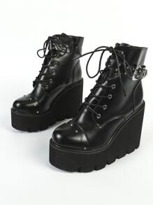 Buckle Decor Lace-up Front Zipper Side Wedge Boots - Black - View 6