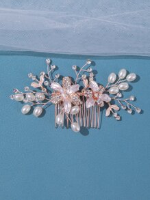 Rose Gold Flower Pearl Rhinestone Bridal Hair Comb Wedding Hair Accessories Women Bride Bachelorette Party Prom Pageant Photo Shoot Formal Evening - Rose Gold - View 3