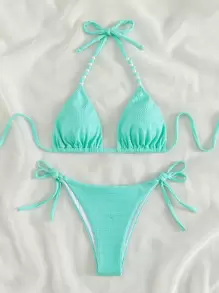 SHEIN Swim 素色露背三角形夏日海灘比基尼套裝 - 薄荷綠 - 查看 5