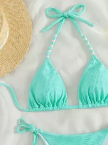 SHEIN Swim 素色露背三角形夏日海灘比基尼套裝 - 薄荷綠 - 查看 6