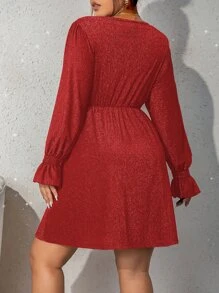 SHEIN Franclia Vestido brillante de cuello cruzado de manga con volante - Rojo - Ver 2
