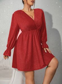 SHEIN Franclia Vestido brillante de cuello cruzado de manga con volante - Rojo - Ver 4