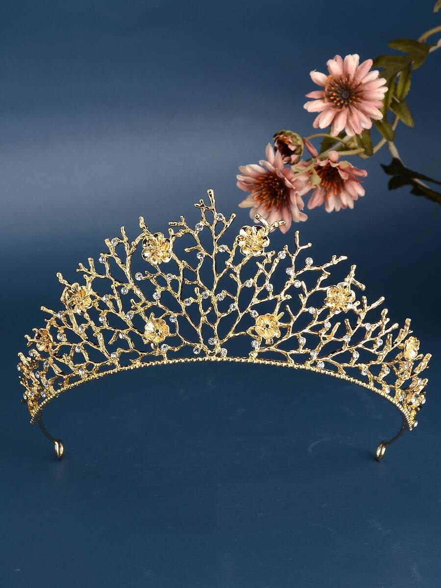 Rhinestone & Flower Decor Bride Headband - Gold - View 1