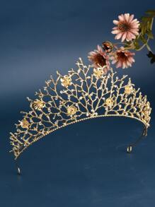 Rhinestone & Flower Decor Bride Headband - Gold - View 4