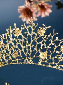 Rhinestone & Flower Decor Bride Headband - Gold - View 5