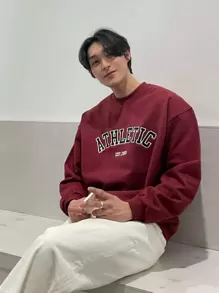 DAZY Men Cotton Letter Graphic Drop Shoulder Sweatshirt,Fall Clothes - Burgundy - View 3