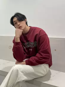 DAZY Men Cotton Letter Graphic Drop Shoulder Sweatshirt,Fall Clothes - Burgundy - View 6