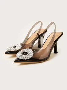 Zapatos de salón con tira trasera y decoración de diamantes de imitación, tacones negros de fiesta para mujer con decoración de diamantes y tira trasera - Negro - Ver 3