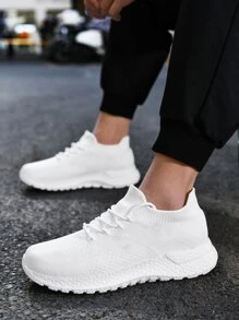Men Knit Detail Lace-up Front Sneakers - White - View 4