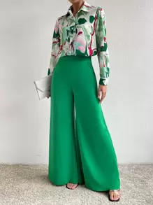 Chiquease Graphic Print Shirt & Wide Leg Trousers - Green - View 1