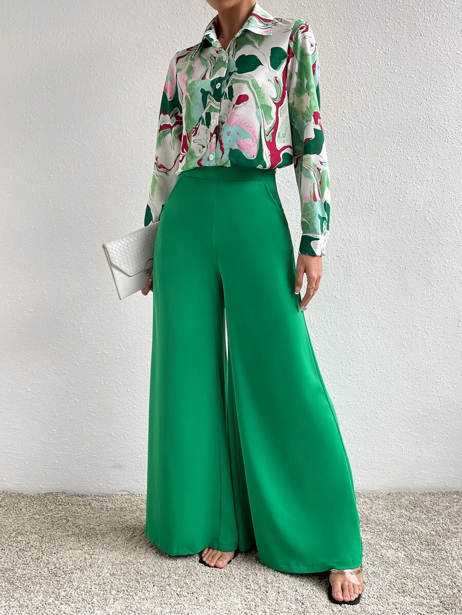 Chiquease Graphic Print Shirt & Wide Leg Trousers - Green - View 1