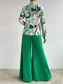 Chiquease Graphic Print Shirt & Wide Leg Trousers - Green - View 2