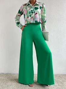 Chiquease Graphic Print Shirt & Wide Leg Trousers - Green - View 4