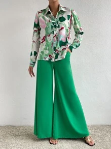 Chiquease Graphic Print Shirt & Wide Leg Trousers - Green - View 5