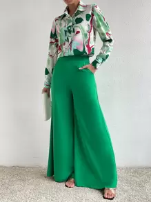 Chiquease Graphic Print Shirt & Wide Leg Trousers - Green - View 6