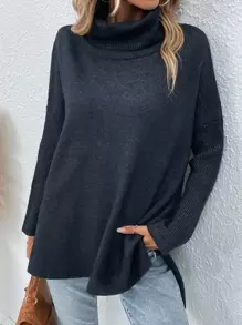 Jersey cuello alto de hombros caídos - Azul Marino - Ver 1