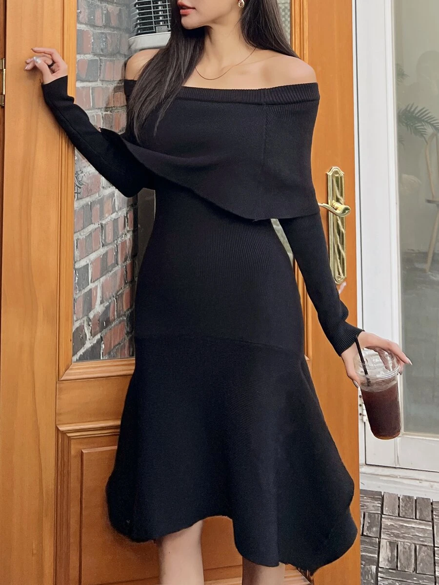 DAZY Foldover Off Shoulder Mermaid Hem Sweater Dress,Fall Women Clothes - Black - View 1