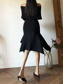 DAZY Foldover Off Shoulder Mermaid Hem Sweater Dress,Fall Women Clothes - Black - View 2