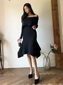 DAZY Foldover Off Shoulder Mermaid Hem Sweater Dress,Fall Women Clothes - Black - View 5