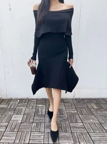 DAZY Foldover Off Shoulder Mermaid Hem Sweater Dress,Fall Women Clothes - Black - View 7