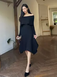 DAZY Foldover Off Shoulder Mermaid Hem Sweater Dress,Fall Women Clothes - Black - View 8