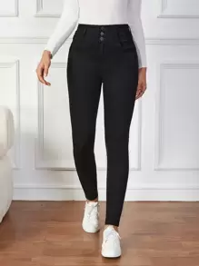 EMERY ROSE High Waist Button Fly Skinny Jeans - Black - View 5