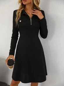 SHEIN LUNE Đầm Dây kéo màu trơn Giải trí - màu đen - Xem 1