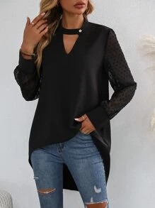 SHEIN Clasi Swiss Dot Keyhole Neckline High Low Blouse - Black - View 2