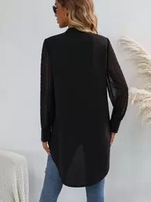 SHEIN Clasi Swiss Dot Keyhole Neckline High Low Blouse - Black - View 3